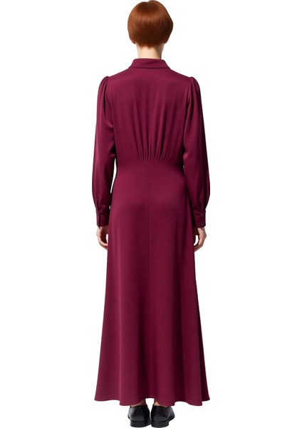 Kadın Astarsız Dokuma Maxi Boy Gömlek Yaka Uzun Kollu Skater Kalıp Düz Elbise Kışlık Şıklık fiyatları