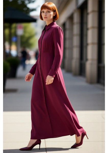 Kadın Astarsız Dokuma Maxi Boy Gömlek Yaka Uzun Kollu Skater Kalıp Düz Elbise Kışlık Şıklık modelleri