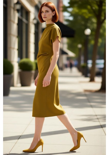 Kadınlar Için A Kesim Düz Desen Midi Elbise Düşük Kol ve Büzgü Detaylı Finike Dokuma Zarif modelleri