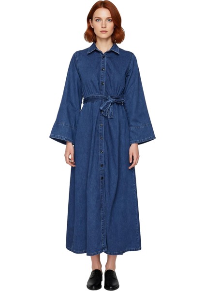 Kadın Düz Desen Kuşaklı Maxi Denim Gömlek Elbise Uzun Melek Kol Yaka %100 Pamuk Günlük