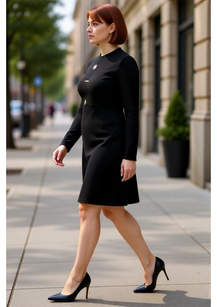 Kadın Şık Aksesuar Detaylı Düz Desen Kaşkorse Örme Kumaş Uzun Kollu Mini Elbise Kaliteli fırsatları