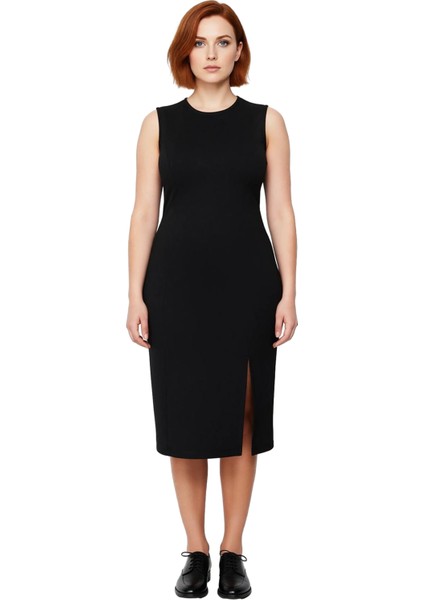 Kadın Kolsuz Bodycon Siyah Midi Elbise Örme Kumaş Yırtmaç Detaylı Bisiklet Yaka Büyük Beden fiyatları