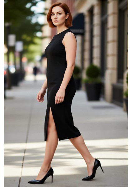 Kadın Kolsuz Bodycon Siyah Midi Elbise Örme Kumaş Yırtmaç Detaylı Bisiklet Yaka Büyük Beden fırsatları