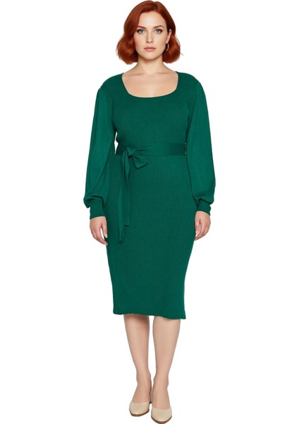 Kadın Mor Bodycon Triko Midi Elbise Kare Yaka Balon Kol Yırtmaçlı Kuşaklı Kış Şıklığı Kaliteli fiyatları