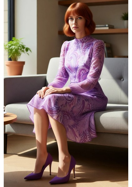 Kadın Dik Yaka Şal Desenli Şifon Midi Elbise Uzun Balon Kollu Astarlı Volanlı A Kesim Kaliteli