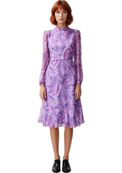 Kadın Dik Yaka Şal Desenli Şifon Midi Elbise Uzun Balon Kollu Astarlı Volanlı A Kesim Kaliteli fiyatları