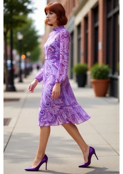 Kadın Dik Yaka Şal Desenli Şifon Midi Elbise Uzun Balon Kollu Astarlı Volanlı A Kesim Kaliteli fırsatları