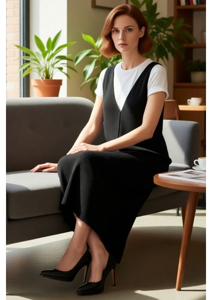 Kadın Gri Kolsuz V Yaka Jile Elbise Akrilik Midi Boy Orta Kalınlık Günlük Şıklıkta Ideal Seçim