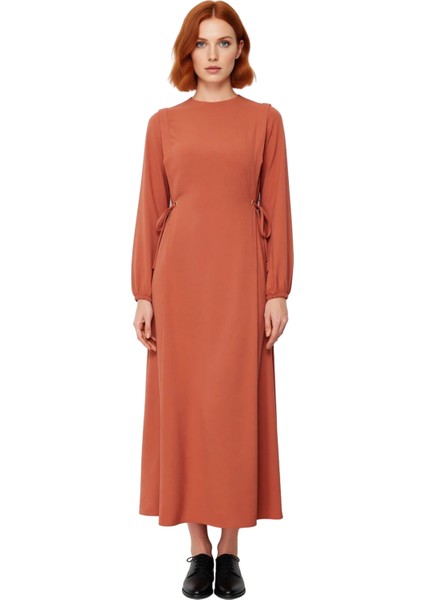 Kadın Beli Ip Bağlama Detaylı Uzun Balon Kol Aerobin Dokuma Maxi Shift Elbise Ilkbahar Sonbahar