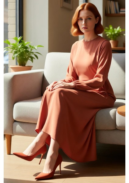 Kadın Beli Ip Bağlama Detaylı Uzun Balon Kol Aerobin Dokuma Maxi Shift Elbise Ilkbahar Sonbahar fırsatları