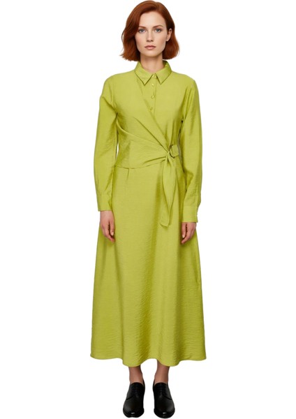 Kadın Gömlek Yaka A Line Dokuma Elbise Maxi Boy Uzun Kol Bel Bağlama Detayı Günlük Zarif Stil