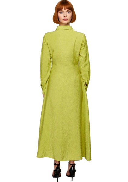 Kadın Gömlek Yaka A Line Dokuma Elbise Maxi Boy Uzun Kol Bel Bağlama Detayı Günlük Zarif Stil fiyatları