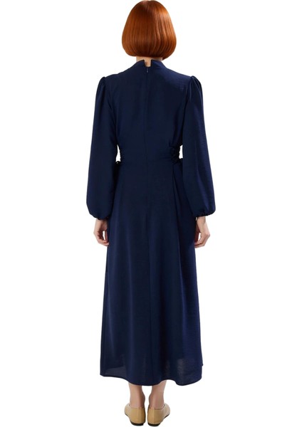 Kadın Lacivert Aerobin Dokuma Maxi Boy Hakim Yaka Britli Düz Rahat Şık Günlük Elbise Kaliteli fiyatları