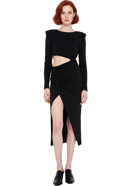 Kadınlar Için Glam Koleksiyonu Polyester Karışımlı Bisiklet Yaka Uzun Kol Maxi Abiye Elbise