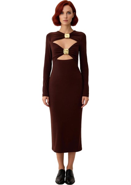 Kadın Fashion Forward Kahverengi Bodycone Uzun Kollu Sandy Örme Elbise Kokteyl Partiler Için Ideal