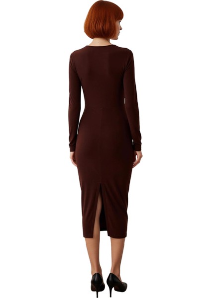 Kadın Fashion Forward Kahverengi Bodycone Uzun Kollu Sandy Örme Elbise Kokteyl Partiler Için Ideal fiyatları