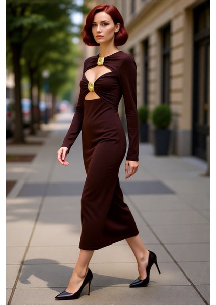 Kadın Fashion Forward Kahverengi Bodycone Uzun Kollu Sandy Örme Elbise Kokteyl Partiler Için Ideal modelleri