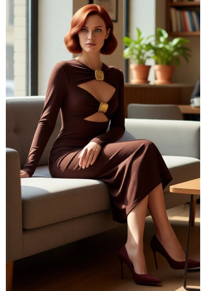 Kadın Fashion Forward Kahverengi Bodycone Uzun Kollu Sandy Örme Elbise Kokteyl Partiler Için Ideal fırsatları