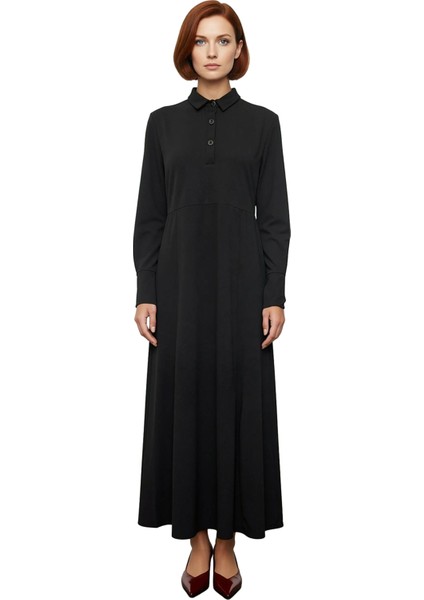 Kadın Düz Desen Gömlek Yaka Uzun Kollu Maxi Boy Örme Dalgıç Skater Kesim Elbise Rahatlık Kaliteli