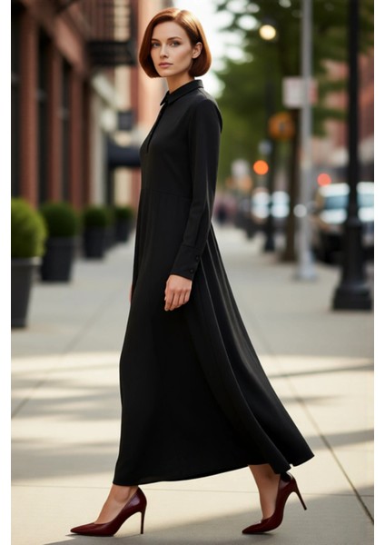 Kadın Düz Desen Gömlek Yaka Uzun Kollu Maxi Boy Örme Dalgıç Skater Kesim Elbise Rahatlık Kaliteli modelleri