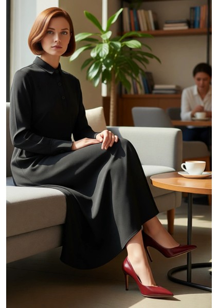 Kadın Düz Desen Gömlek Yaka Uzun Kollu Maxi Boy Örme Dalgıç Skater Kesim Elbise Rahatlık Kaliteli fırsatları