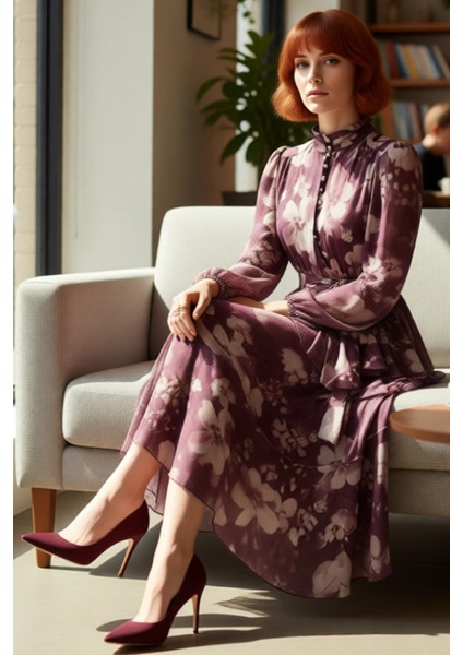 Kadın Zarif Çiçekli Şifon Maxi Elbise Dik Yaka Balon Kol Detaylı Astarlı Günlük ve Özel Anlar Için fırsatları