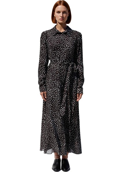 Kadın Modern Feminine Puantiyeli Gömlek Yaka Uzun Kol Maxi Boy Viskoz Günlük Elbise Kaliteli