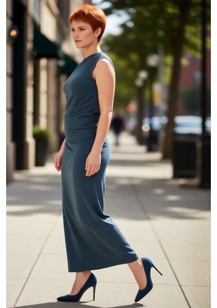 Kadın Günlük Kruvaze Yaka Yanları Büzgülü Kolsuz Maxi Büyük Beden Örme Kumaş Zarif Shift Kalıp fırsatları