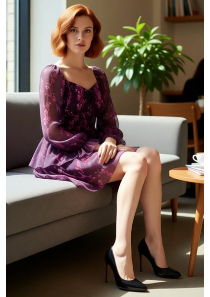 Kadın Çiçekli Şifon Skater Mini Elbise Kalp Yaka Balon Kol Detaylı Ilkbahar Yaz Stiliniz. Kaliteli