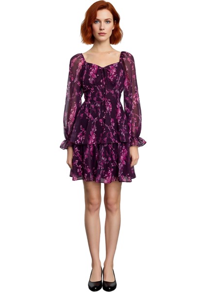 Kadın Çiçekli Şifon Skater Mini Elbise Kalp Yaka Balon Kol Detaylı Ilkbahar Yaz Stiliniz. Kaliteli fiyatları