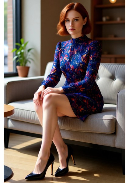 Kadın Polyester Şifon Dokuma A Line Kalıp Çiçekli Desen Dik Yaka Balon Kol Kışlık Mini Elbise