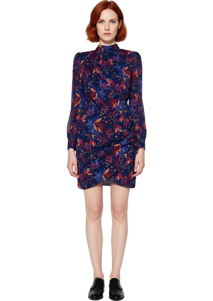 Kadın Polyester Şifon Dokuma A Line Kalıp Çiçekli Desen Dik Yaka Balon Kol Kışlık Mini Elbise fiyatları