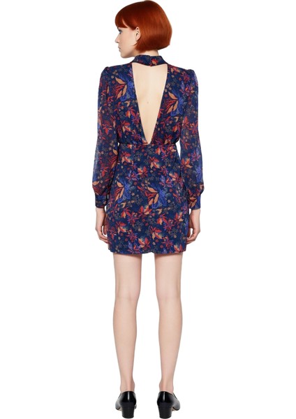 Kadın Polyester Şifon Dokuma A Line Kalıp Çiçekli Desen Dik Yaka Balon Kol Kışlık Mini Elbise modelleri