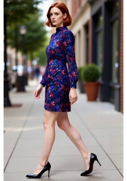 Kadın Polyester Şifon Dokuma A Line Kalıp Çiçekli Desen Dik Yaka Balon Kol Kışlık Mini Elbise fırsatları