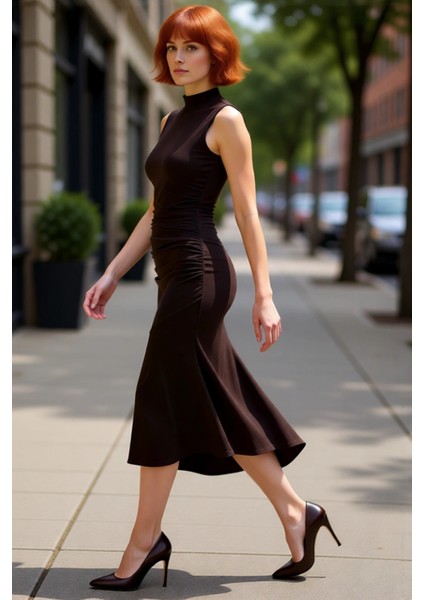 Kadın Midi Boy Abiye Elbise Skater Kalıp Dik Yaka Kolsuz Düz Desen Şık ve Zarif Görünüm Sunar modelleri