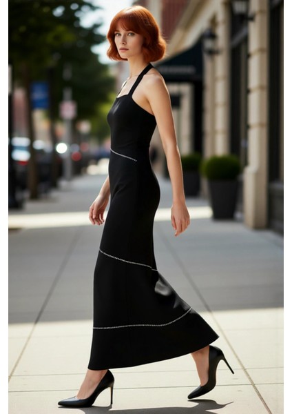 Kadın Modern Kokteyl Abiye Elbise Kalın Askılı Kare Yaka Taşlı Midi Boy Vücudu Saran Dokuma modelleri