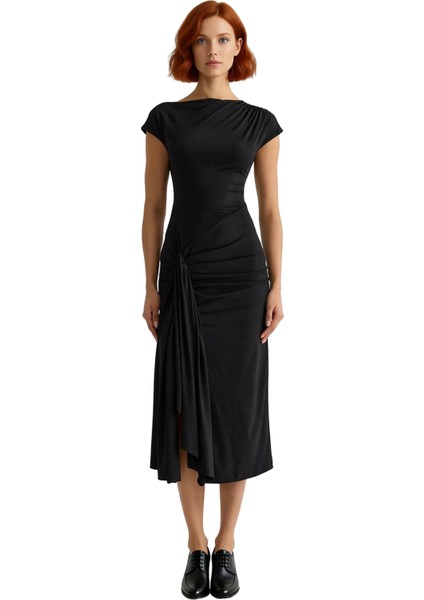 Kadın Şık Örme Sandy Dokuma Midi Elbise Gece Davetleri Mezuniyet Için A Line Kayık Yaka. Kaliteli