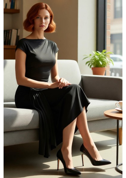 Kadın Şık Örme Sandy Dokuma Midi Elbise Gece Davetleri Mezuniyet Için A Line Kayık Yaka. Kaliteli fırsatları