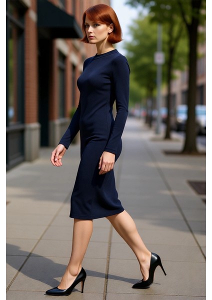 Kadın Düz Desen Dik Yaka Uzun Kollu Bodycon Midi Elbise Yırtmaç Detayı ile Modern Bir Dokunuş modelleri