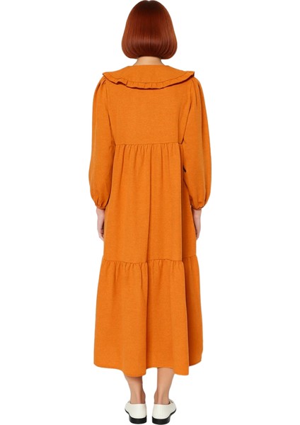 Kadın Keten Görünümlü Dokuma Maxi Elbise Bebe Yaka Balon Kol Nakış Detaylı Rahat Şık Tasarım fiyatları