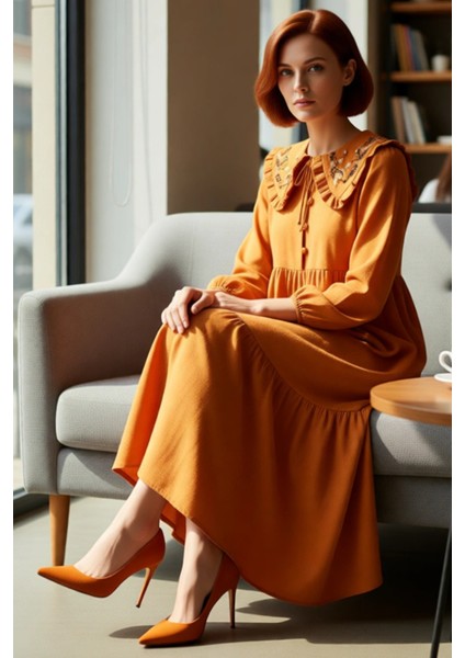 Kadın Keten Görünümlü Dokuma Maxi Elbise Bebe Yaka Balon Kol Nakış Detaylı Rahat Şık Tasarım fırsatları