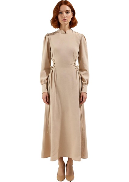 Kadın Lacivert Aerobin Dokuma Maxi Boy Hakim Yaka Britli Düz Rahat Şık Günlük Elbise Kaliteli