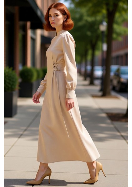 Kadın Lacivert Aerobin Dokuma Maxi Boy Hakim Yaka Britli Düz Rahat Şık Günlük Elbise Kaliteli modelleri