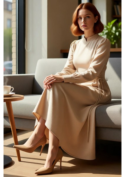 Kadın Lacivert Aerobin Dokuma Maxi Boy Hakim Yaka Britli Düz Rahat Şık Günlük Elbise Kaliteli fırsatları