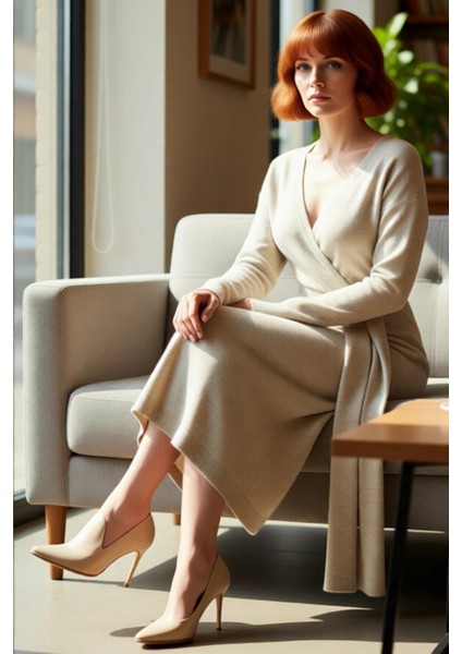 Kadın Kruvaze Yaka Triko Elbise Midi Boy Düz Desenli Düşük Kollu Kuşak Bağlama Detaylı Kışlık