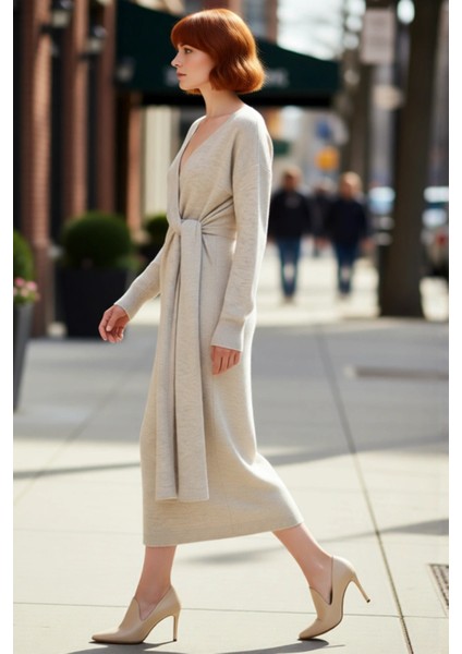 Kadın Kruvaze Yaka Triko Elbise Midi Boy Düz Desenli Düşük Kollu Kuşak Bağlama Detaylı Kışlık fırsatları