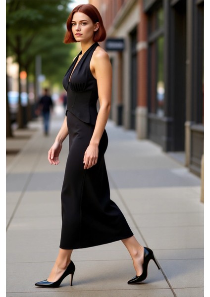 Kadın Siyah V Yaka Boyundan Bağlamalı Maxi Abiye Elbise Özel Gece Şıklığıyla Buluşuyor Kaliteli fırsatları