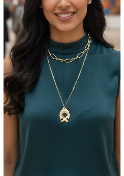 Pınkmark Kadın Gold Ikili Balık Charm Kısa Chokker Kolye Seti PMKL25605 fırsatları