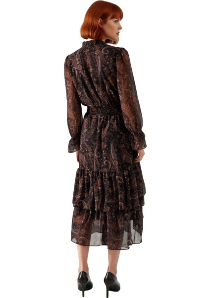 Kadın Uzun Kollu Astarlı Şifon Midi Elbise Şal Desenli Anahtar Deliği Yaka Skater Kalıp Sonbahar Kış fiyatları