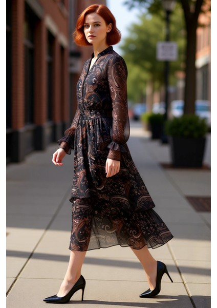 Kadın Uzun Kollu Astarlı Şifon Midi Elbise Şal Desenli Anahtar Deliği Yaka Skater Kalıp Sonbahar Kış modelleri